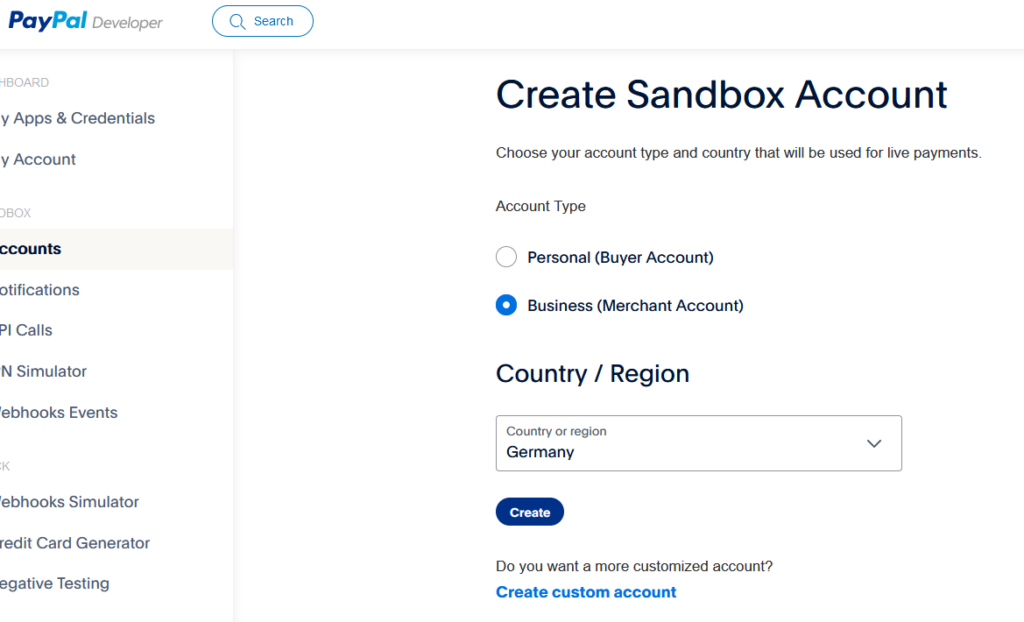 PayPal Developer Dashboard - Create Business Sandbox Account