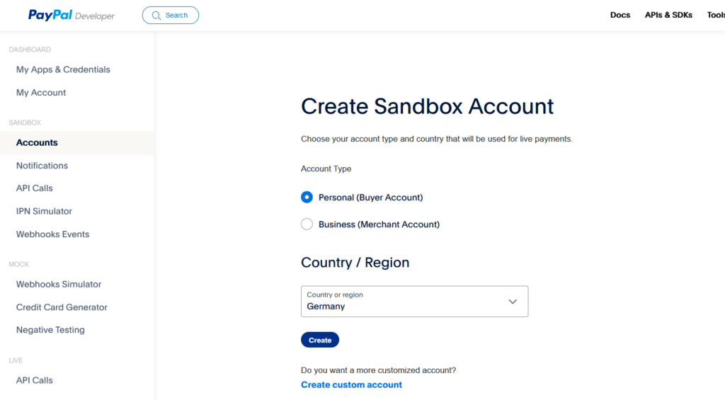 PayPal Developer Dashboard - Create Personal Sandbox Account