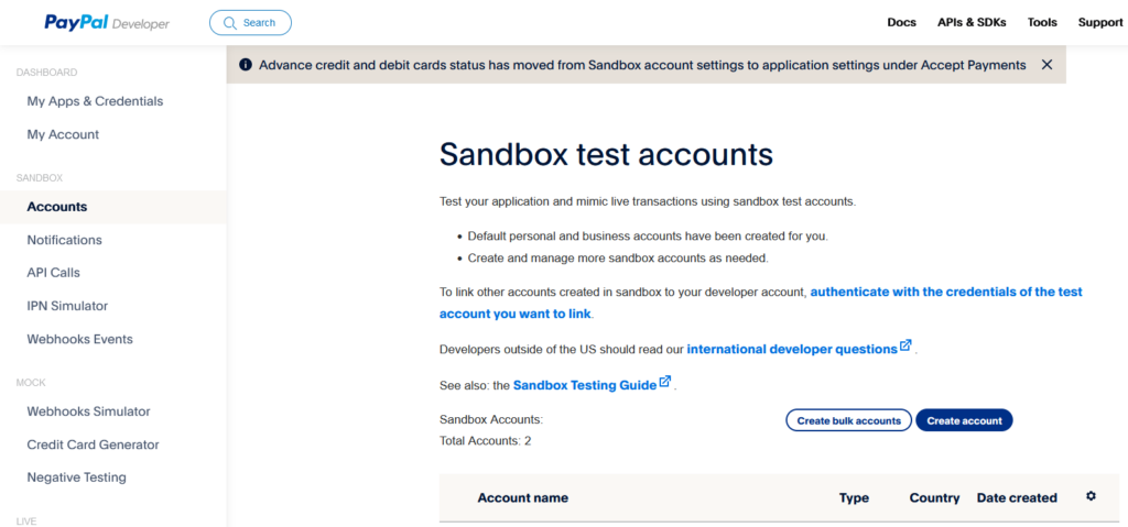 PayPal Developer Dashboard Sandbox test accounts