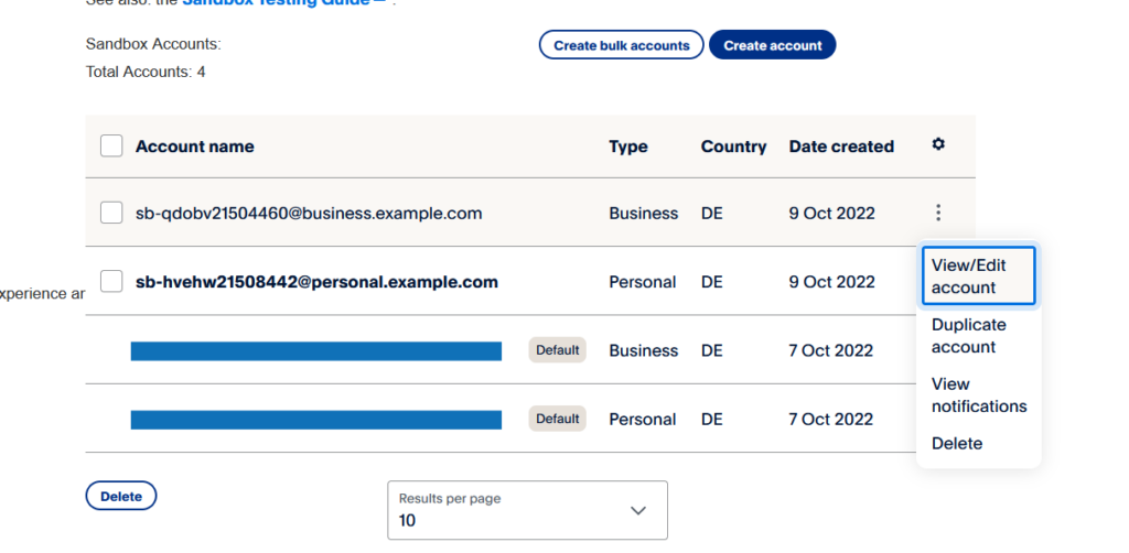 PayPal Developer Dashboard - Sandbox Account Overview