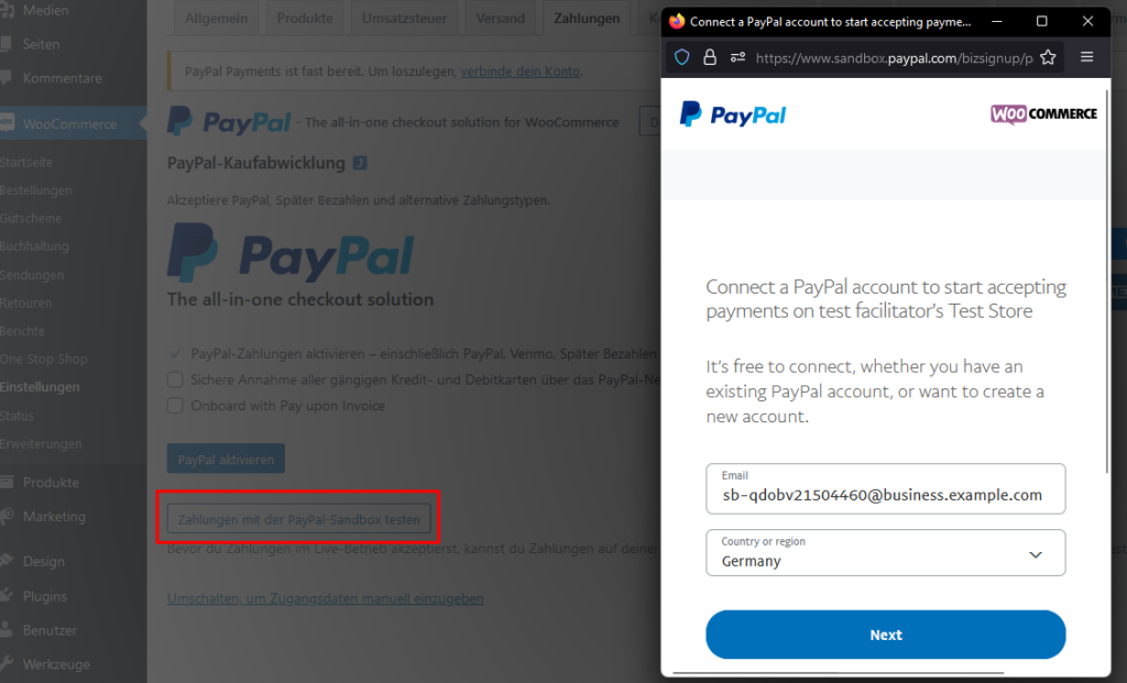 Aktivierung der PayPal-Sandbox im WooCommerce Online-Shop Backend